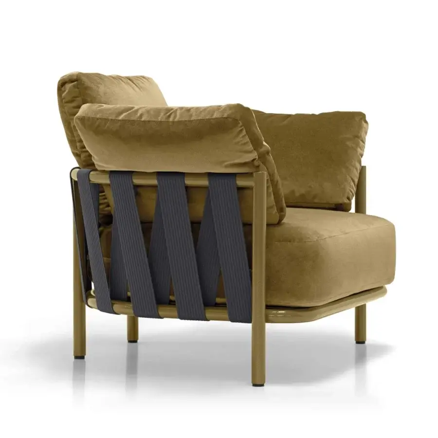Exclusive Arketipo Punta Ala lounge chair in tan velvet with bronze-like metal and dynamic zigzag weaving detail