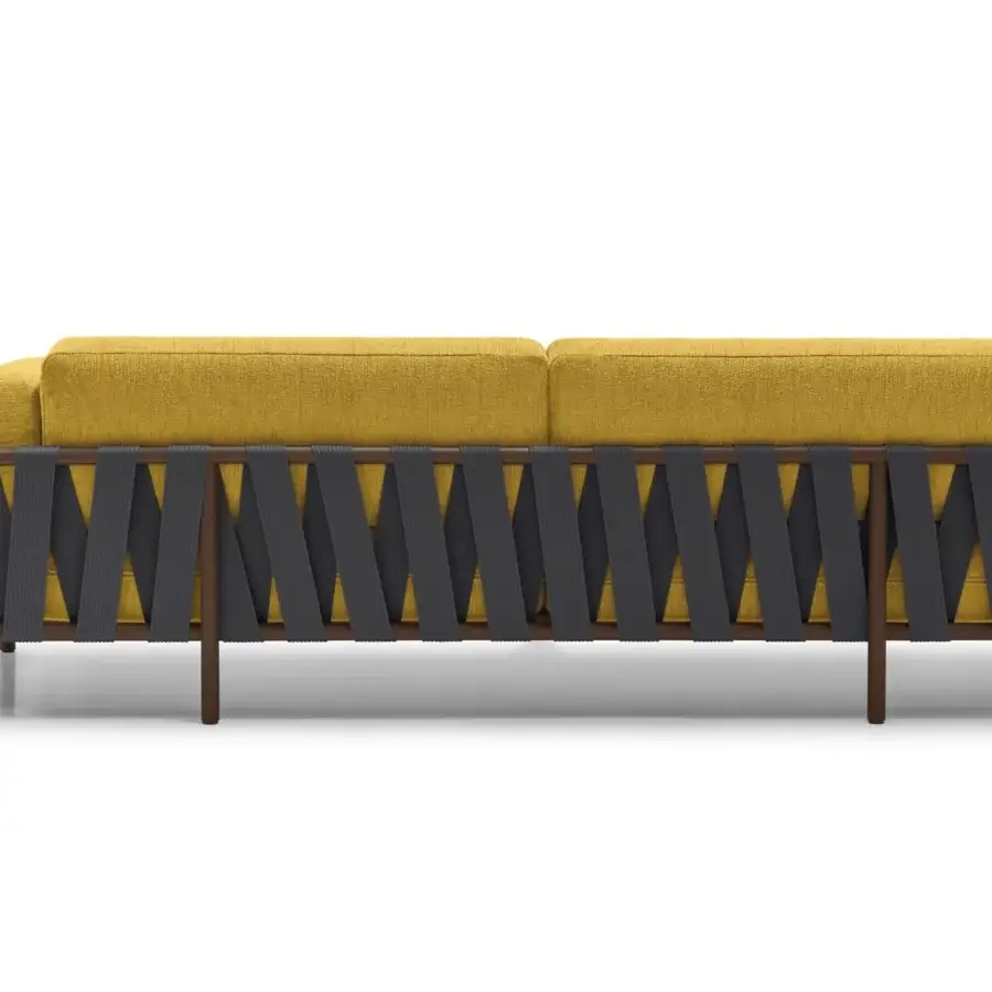 Distinguished Arketipo Punta Ala sofa with yellow textile cushions, braided gray ribbons and integrated solid wood side table