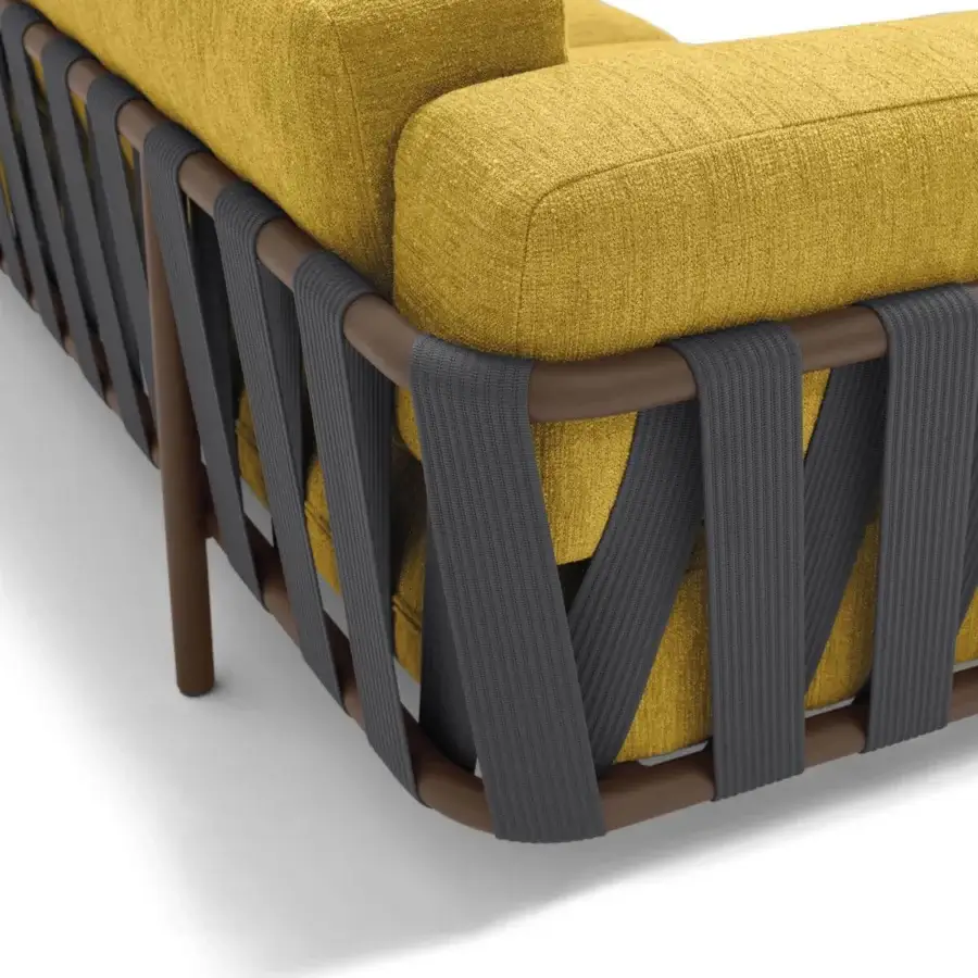 Exclusive Arketipo Punta Ala sofa with woven gray ribbons, yellow textile cushions and visible brown-toned wood frame