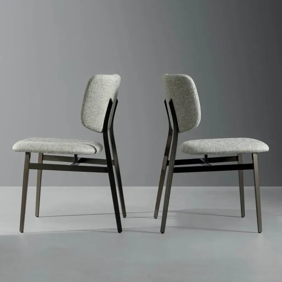 Refined Bonaldo Noor chair with light gray woven fabric upholstery and a dark bronze matte steel structure