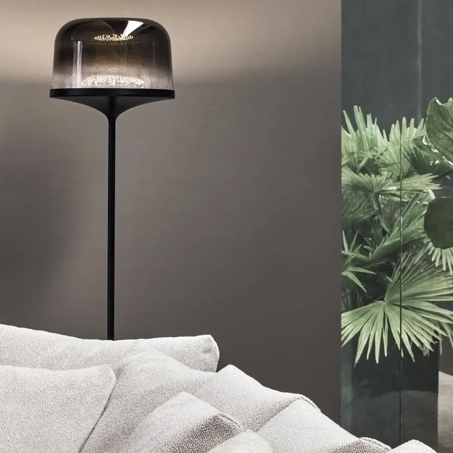 Exceptional Bonaldo Pin floor lamp with a smoked blown glass lampshade and slender lead metal structure
