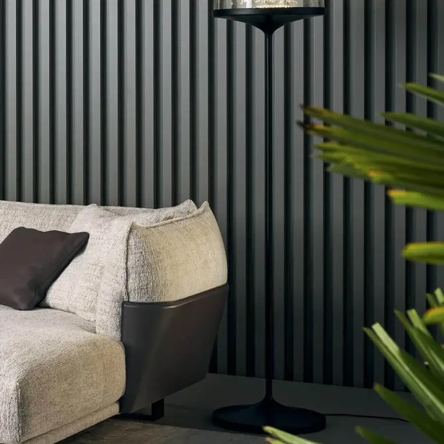 Superior Bonaldo Pin floor lamp with a smoked blown glass lampshade and matte black lead metal structure