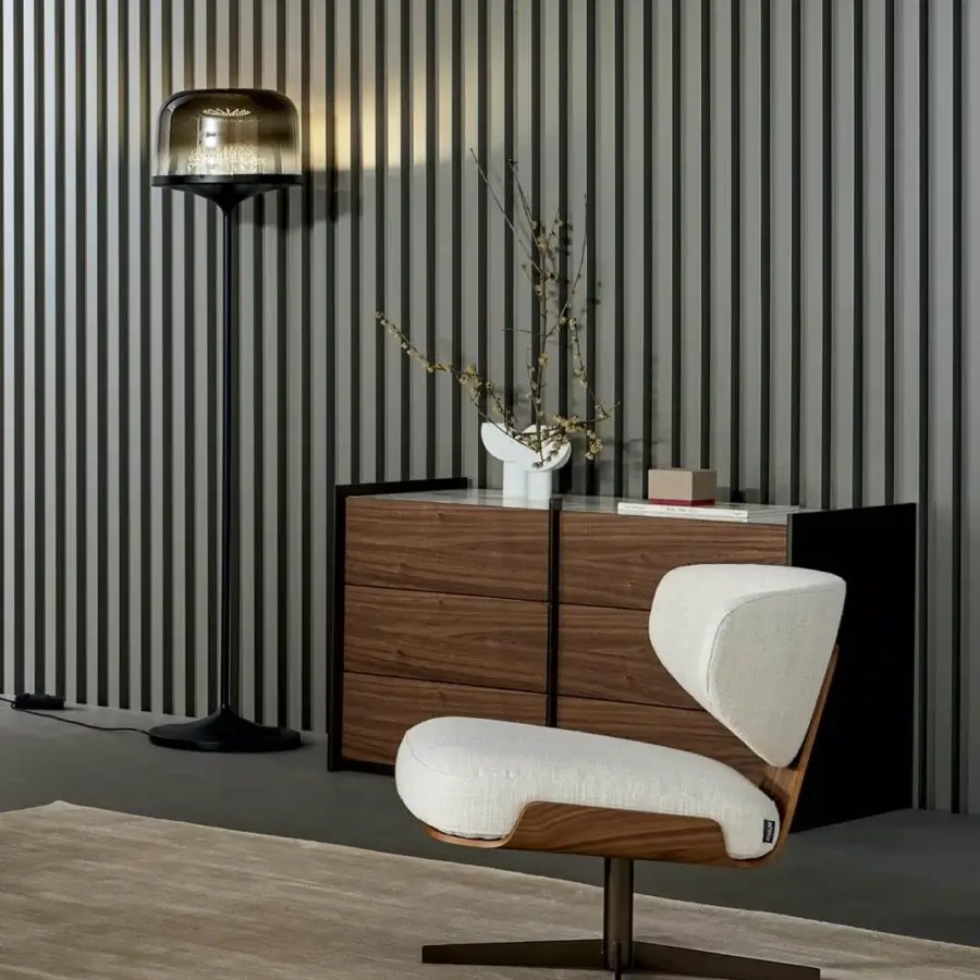 Distinguished Bonaldo Pin floor lamp with a smoked blown glass lampshade and slender lead metal structure in matte black finish