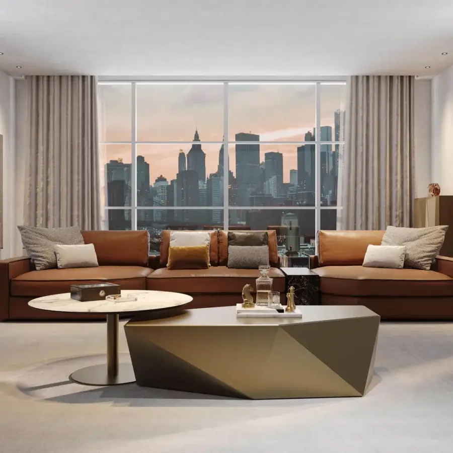 Innovative Reflex Origami coffee table with faceted wood structure and matching glass top in golden and brownish tones