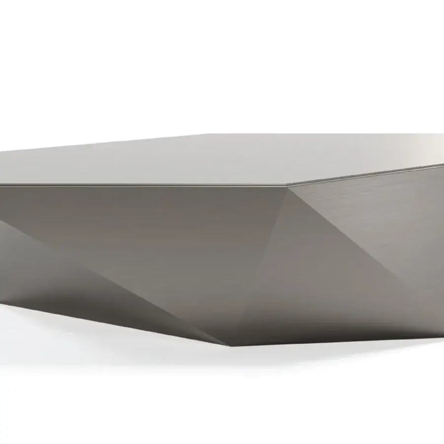 Exclusive Reflex Origami coffee table with angular planes, faceted wood structure and muted neutral gray finish with glass