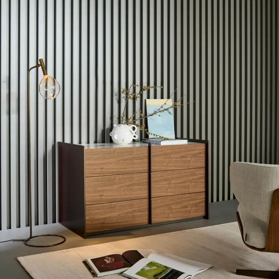 Distinguished Bonaldo Aureo dresser with bronze matt lacquered wood and canaletto walnut veneered drawers, plus a light ceramic top