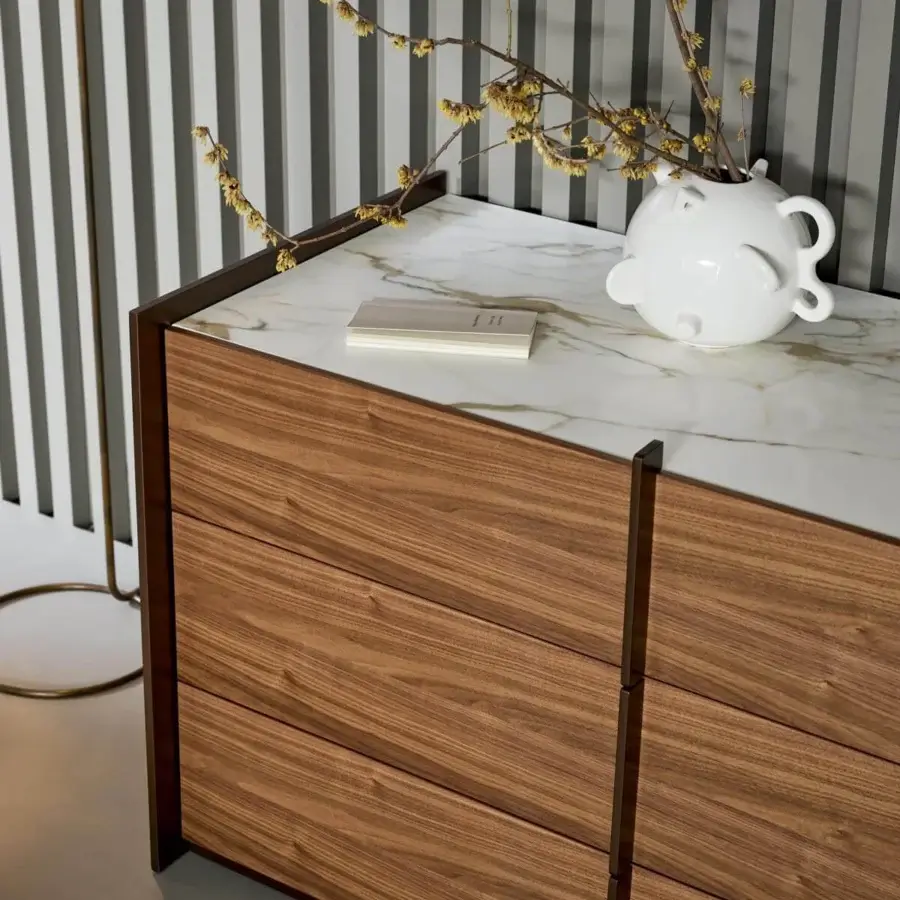 Exceptional Bonaldo Aureo dresser with bronze matt lacquered wood, canaletto walnut veneered fronts and a white marble-like top with gray veining