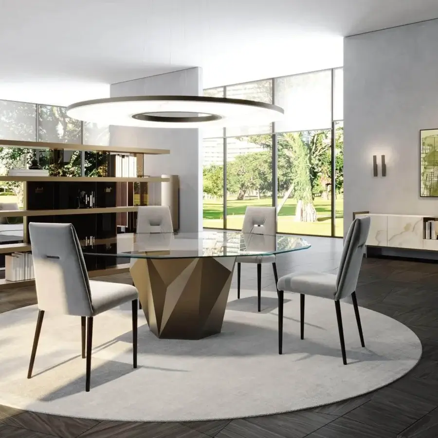 Innovative Reflex Origami table with geometrically shaped faceted wood and round glass surface crafted in a matte medium-brown finish