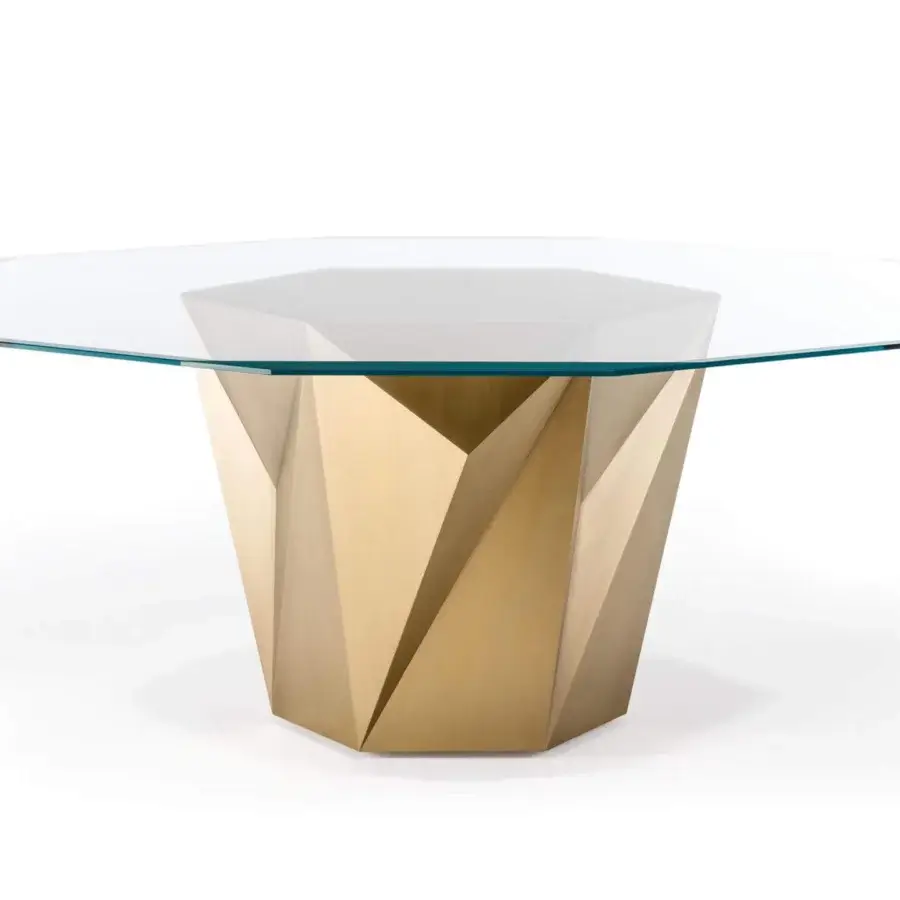 Avant-garde Reflex Origami table with radiant gold faceted wood base and clear octagonal glass surface