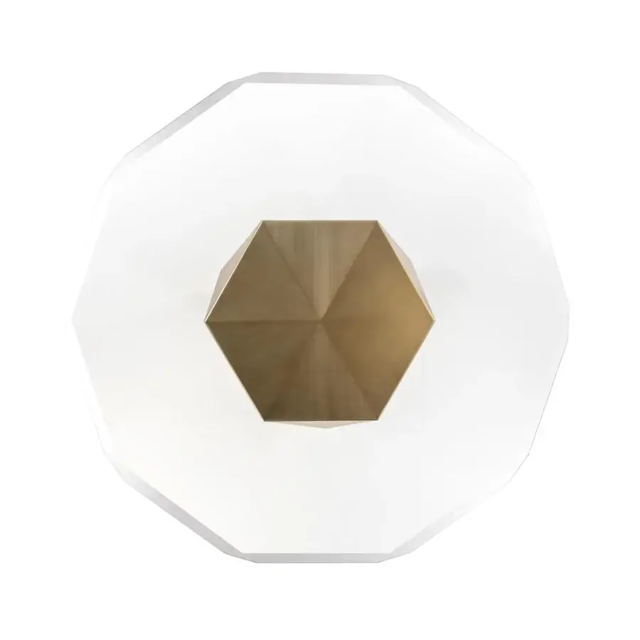 Superior Reflex Origami table with warm brown wooden base and glossy transparent polygonal glass surface crafted in Italy