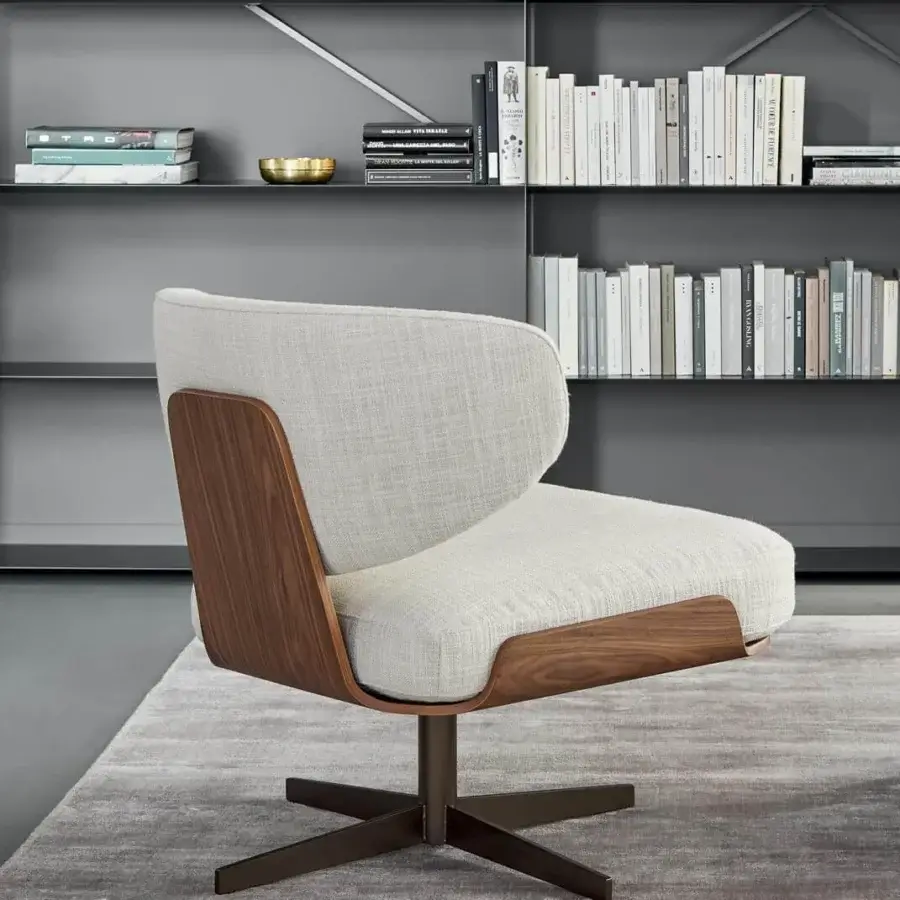Distinctive Bonaldo Olos lounge chair with curved wood structure and woven textile upholstery in satin finish