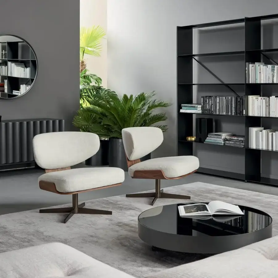 Superior Bonaldo Olos lounge chair with light beige textile upholstery and curved wood frame built with a dark metal base