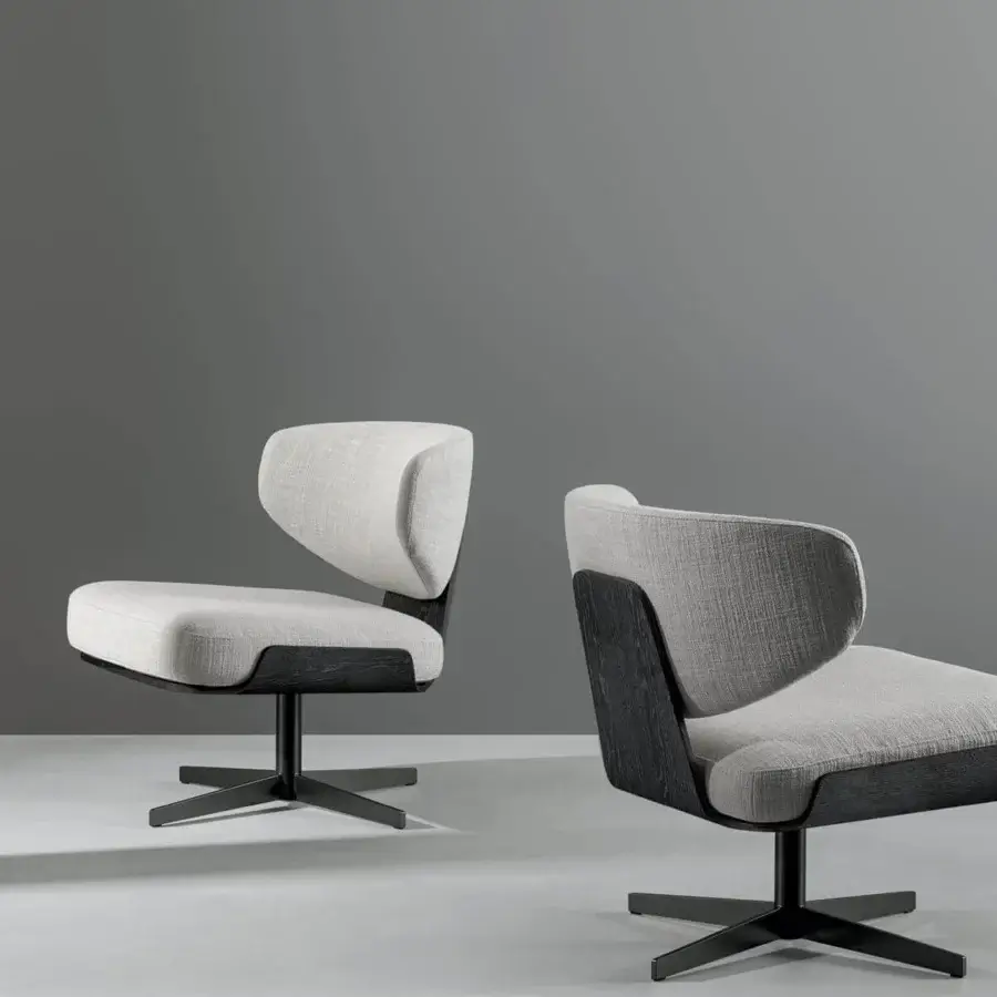 Exceptional Bonaldo Olos lounge chair with curved wood, light gray textile upholstery and dark metal base