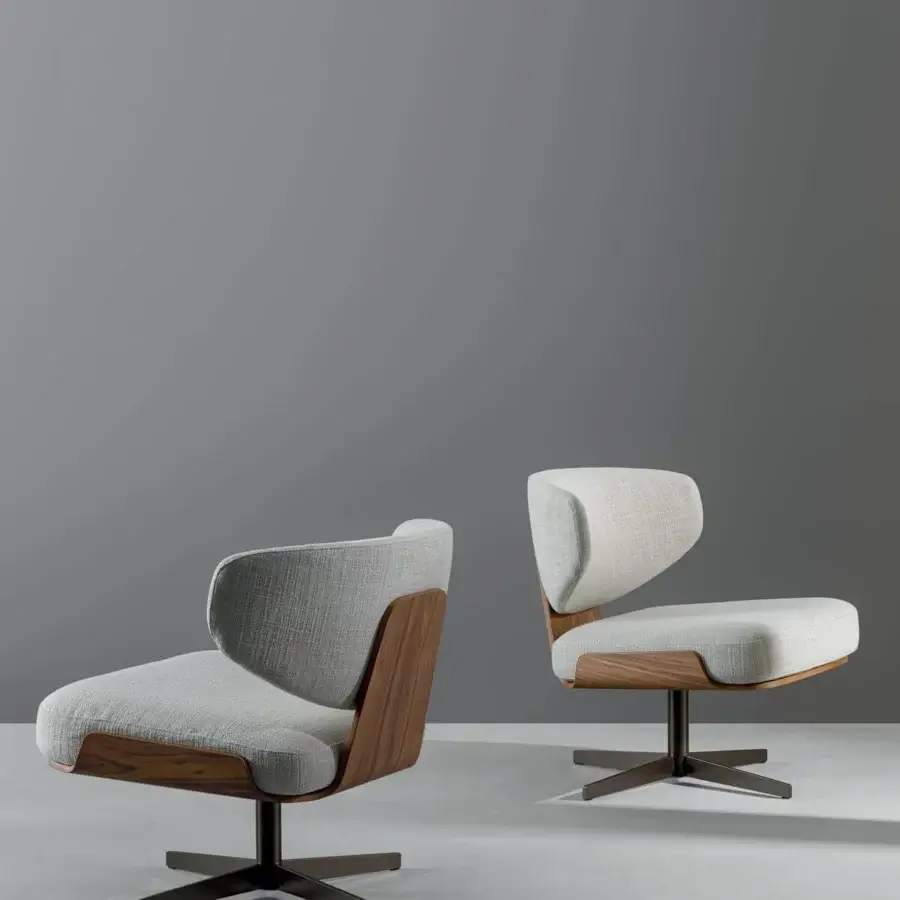 Elegant Bonaldo Olos lounge chair with light gray textile upholstery and dark matte metal four-spoke base