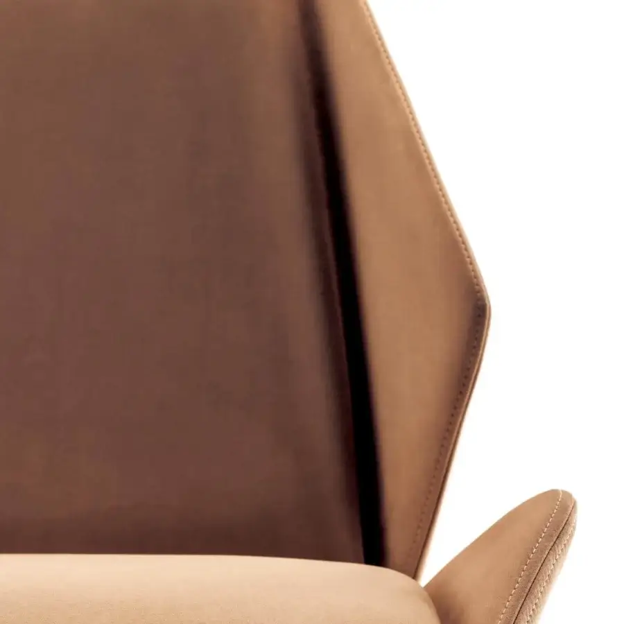 Superior Reflex Origami chair with faceted wood structure and warm brown textile upholstery with matte finish
