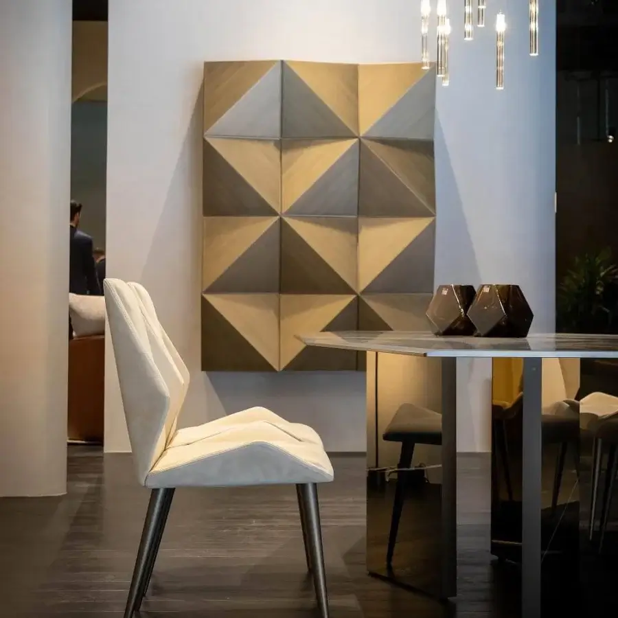 Distinguished Reflex Origami chair with light beige upholstery and a faceted wooden structure built with matte metal legs