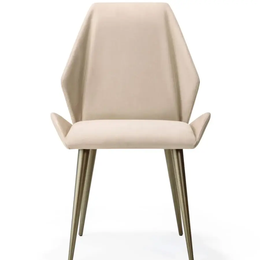 Exceptional Reflex Origami chair with soft beige textile and sleek gold-toned metal legs built with a faceted wood structure