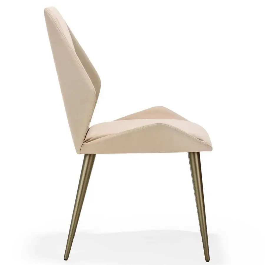 Superior Reflex Origami chair with a faceted wood structure and light beige fabric upholstery with golden toned legs