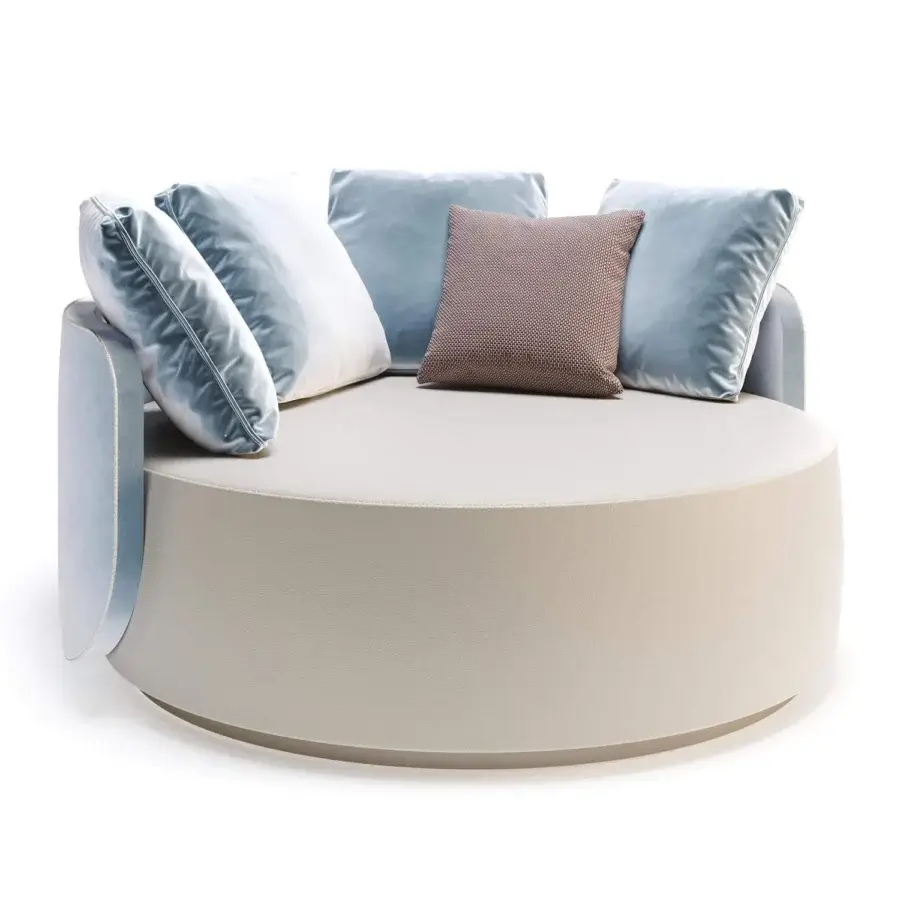 Superior Reflex Hug chaise lounge with off-white fabric and light blue velvet upholstery, built with a swiveling metal plinth base