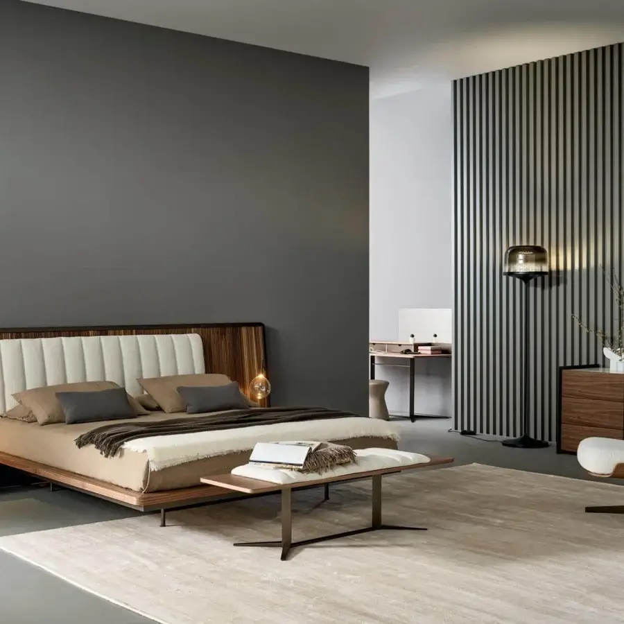 Elegant Bonaldo Nelson bench in veneered Canaletto Walnut wood with a dark metal base and light textile cushion