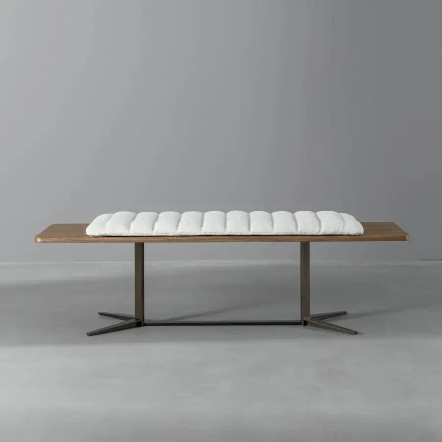 Refined Bonaldo Nelson bench in veneered Canaletto Walnut wood with a white cushioned textile and matte metal base