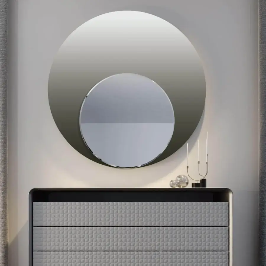 Superior Reflex Nuance mirror with etched and shiny gradient glass, showcasing a beveled circular inset and layered design crafted in Italy