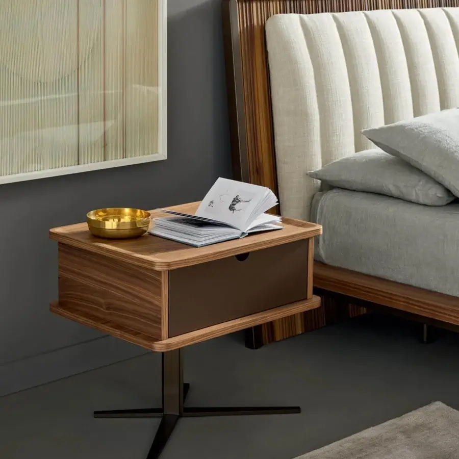 Distinguished Bonaldo Nelson nightstand with Canaletto Walnut veneer and bronze metal base in matt lacquered finish