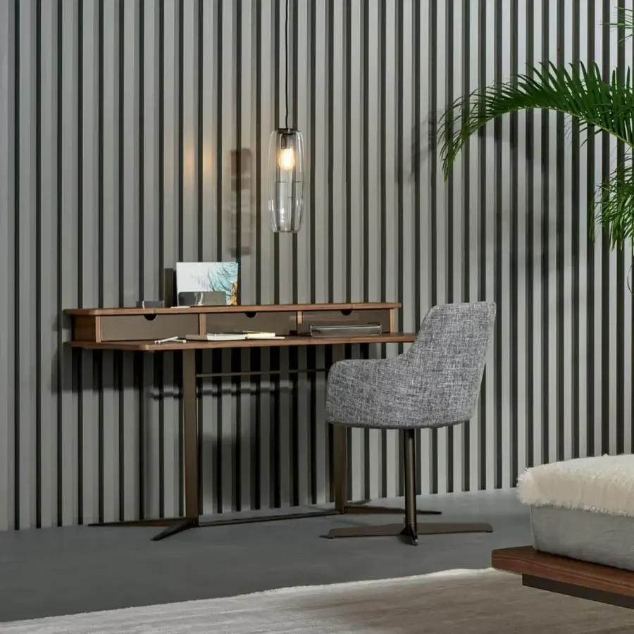 Elegant Bonaldo Nelson desk built with Canaletto Walnut veneer and a bronze metal base, including lacquered wood drawers with a matte finish