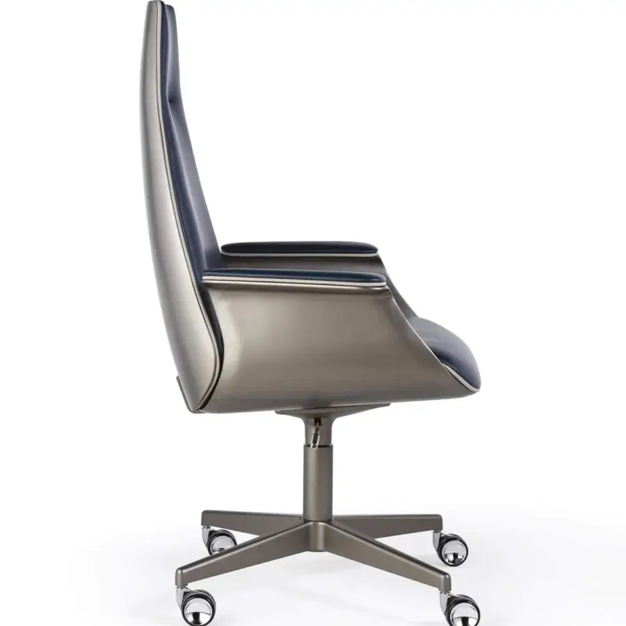 Innovative Reflex Minerva armchair with deep blue leather upholstery and sleek brushed matte metal base