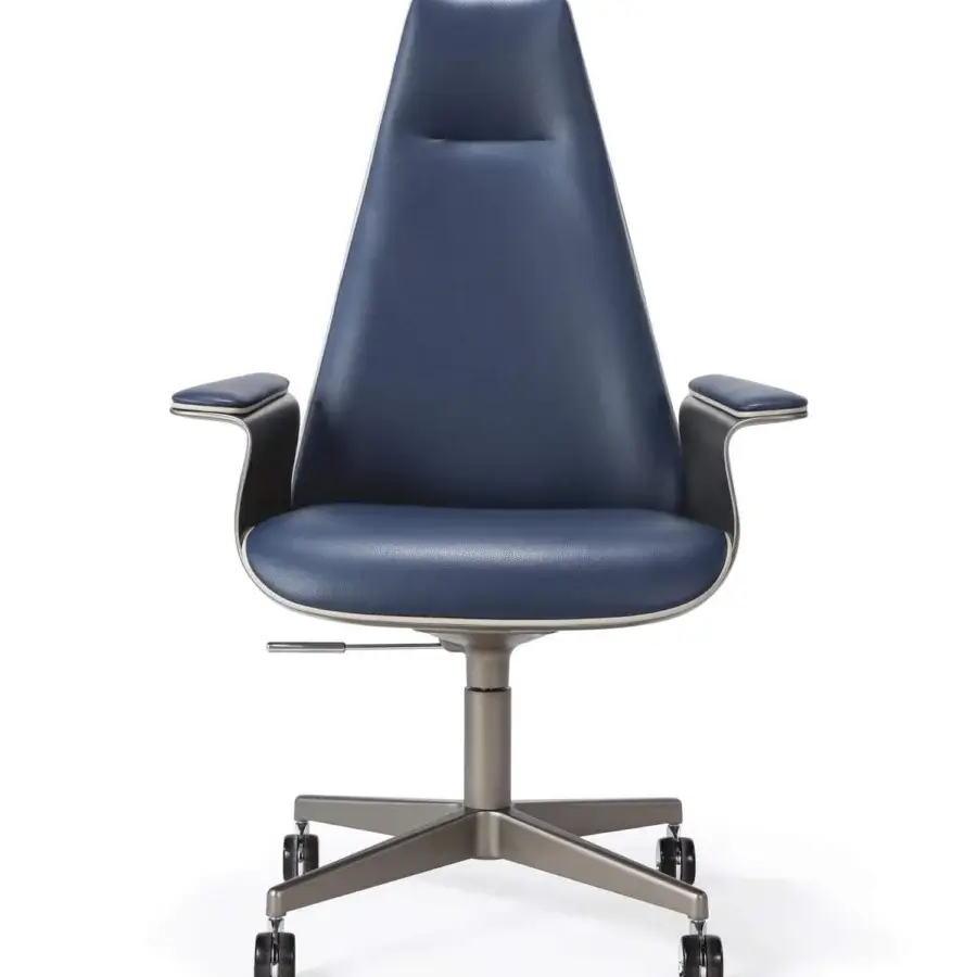 Exceptional Reflex Minerva armchair with deep blue leather, metallic finishes and functional height adjustability crafted in Italy