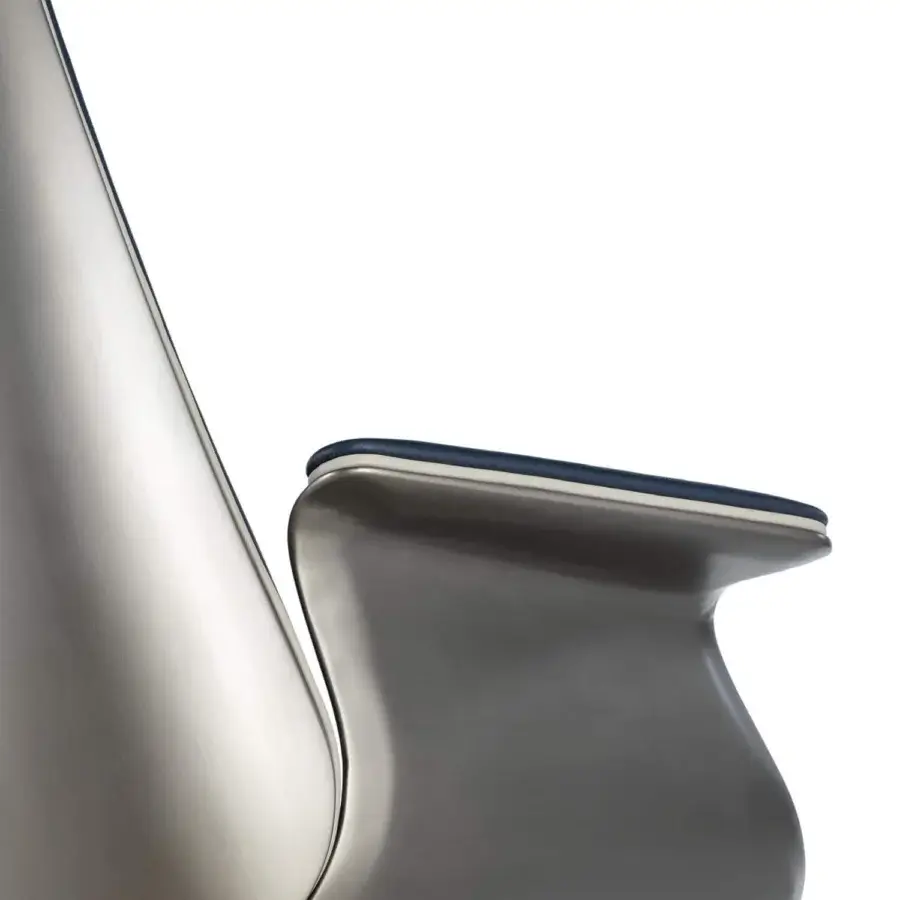 Superior Reflex Minerva armchair with dark blue leather upholstery and cool gray-silver curved metal frame