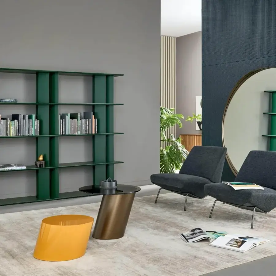 Distinguished Bonaldo Dogma bookcase with coal oak wood shelves and metal uprights in a deep green matte finish