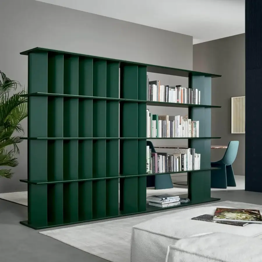 Exceptional Bonaldo Dogma bookcase with tear-drop shaped metal uprights, coal oak wood shelves and dark green matte finish