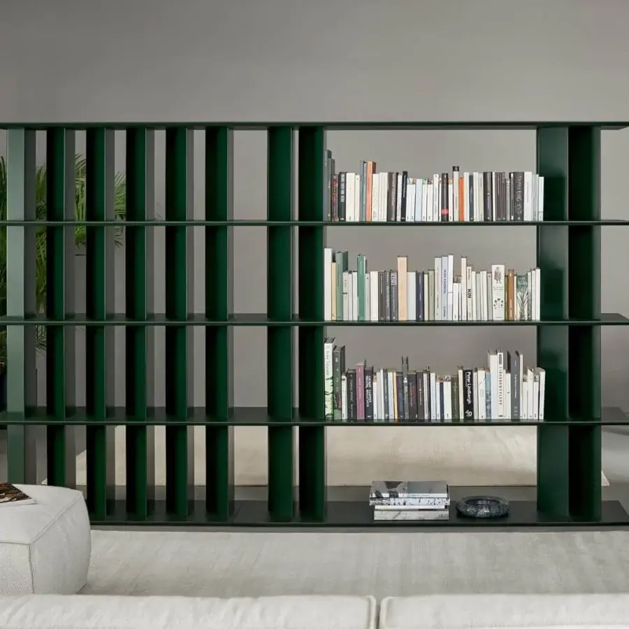 Distinguished Bonaldo Dogma bookcase with tear-drop shaped uprights, coal oak wood shelves and matte dark green metal construction