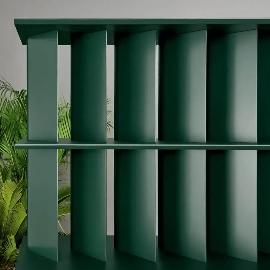 Elegant Bonaldo Dogma bookcase crafted with dark green painted wood and tear-drop shaped uprights for geometric visual appeal