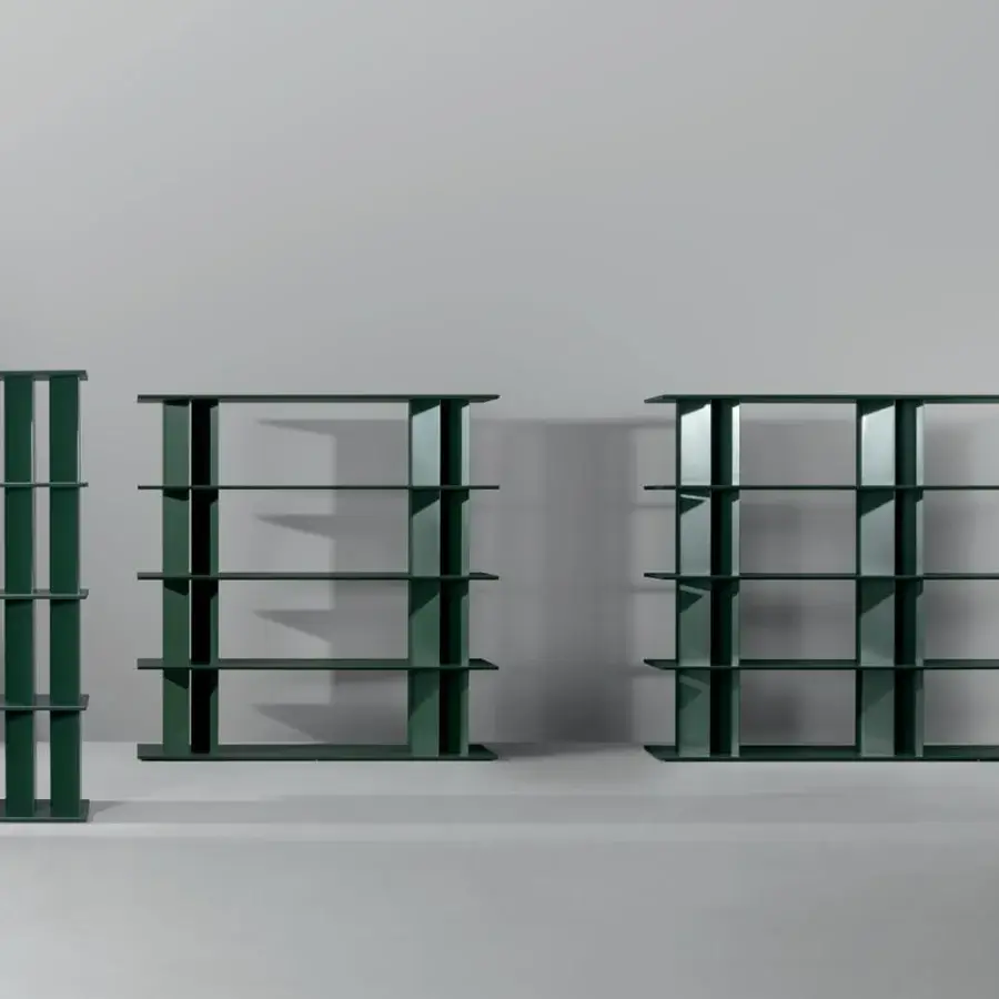Superior Bonaldo Dogma bookcase with tear-drop metal uprights, coal oak wood shelves and uniform matte finish