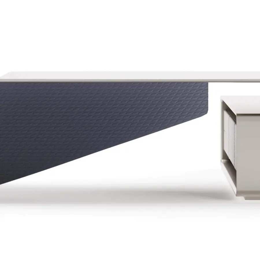 Superior Reflex Oh desk with quilted dark blue leather, light wood and elegant metallic finishes built in Italy