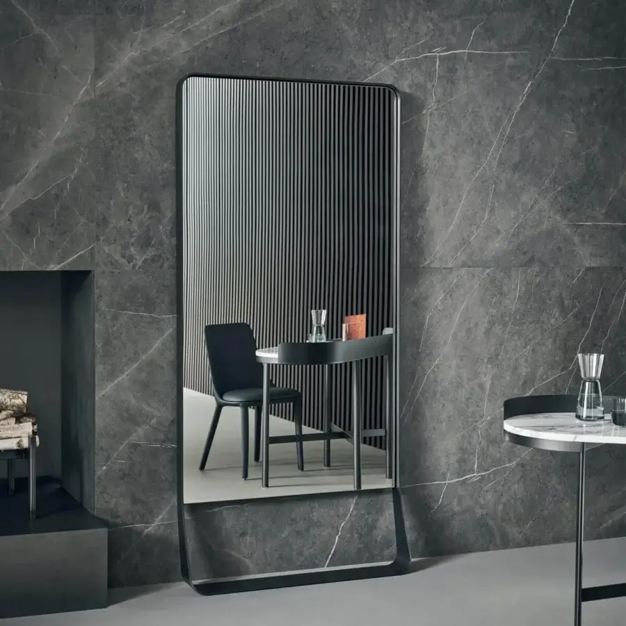 Sophisticated Bonaldo Narciso mirror with an elongated rectangular shape and matte black metal frame