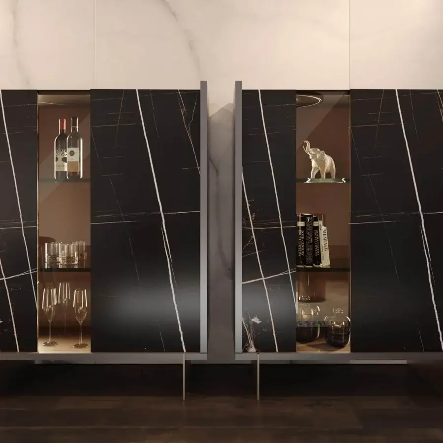 Exceptional Reflex Uro cupboard with wooden structure and innovative Marble glass doors revealing illuminated light brown interiors with glass shelves