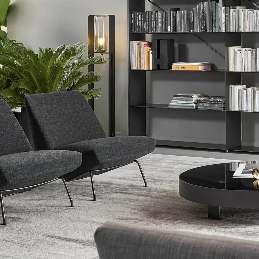 Elegant Bonaldo Sleek Lounge Chair with dark gray fabric upholstery and thin matching metal legs