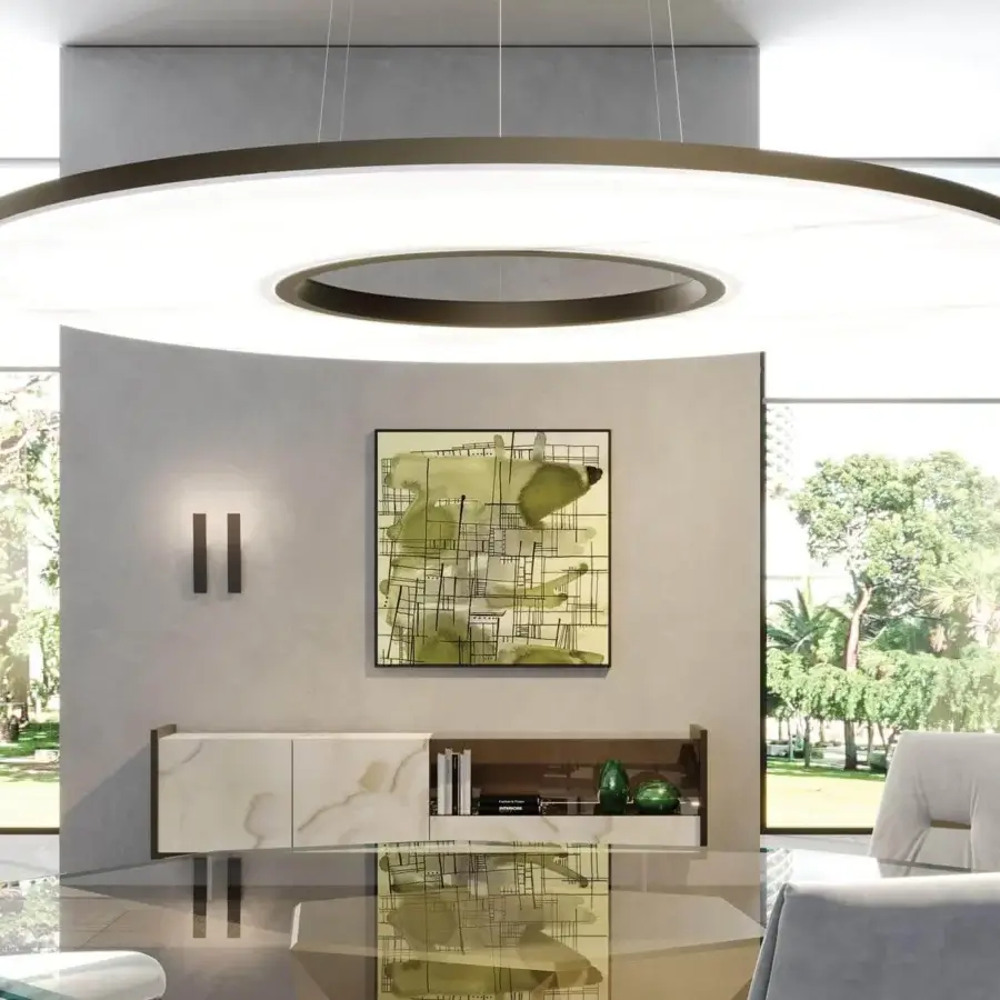 Distinguished Reflex Uro sideboard with light beige Marble glass doors and dark brown wood veneer, completed with LED lit glass and mirror