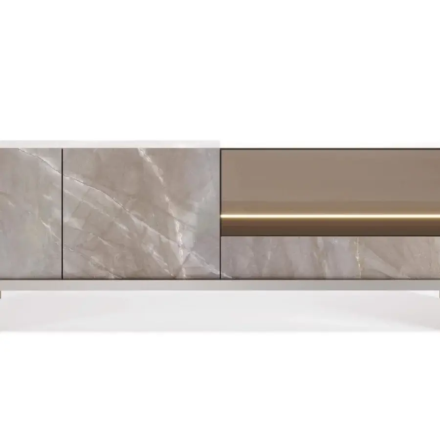 Exceptional Reflex Uro sideboard with gray, beige and brown Marble glass doors, a drawer and illuminated glass compartments with angled metal legs