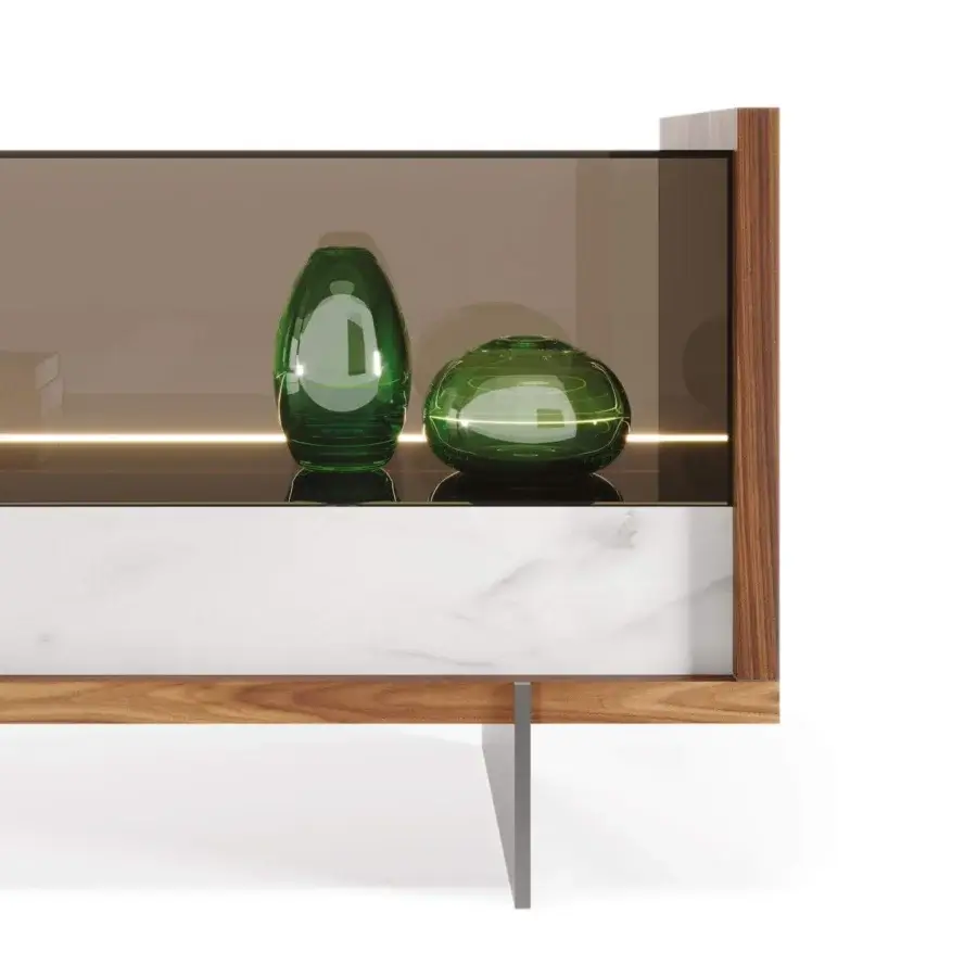 Elegant Reflex Uro sideboard with glossy brown wood, white Marble glass doors and drawers, plus glass and mirror compartments with LED lighting