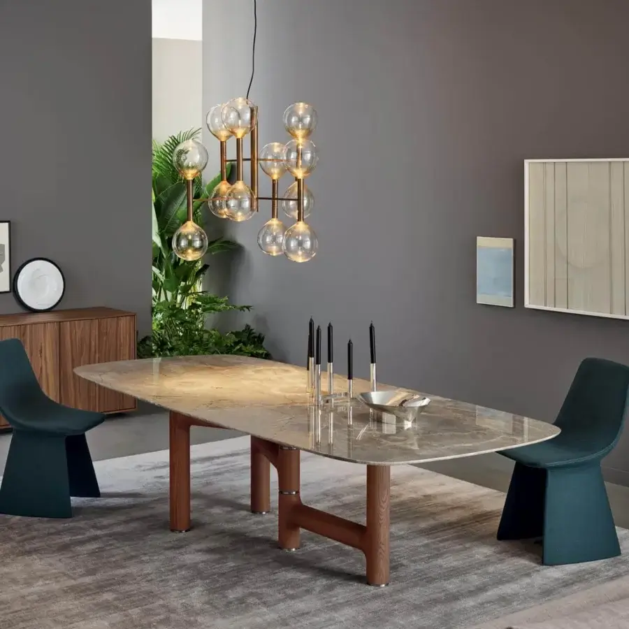 Distinguished Bonaldo Pivot table with captivating oval top in glossy light-brown and warm brown satin solid wood base with metal inserts
