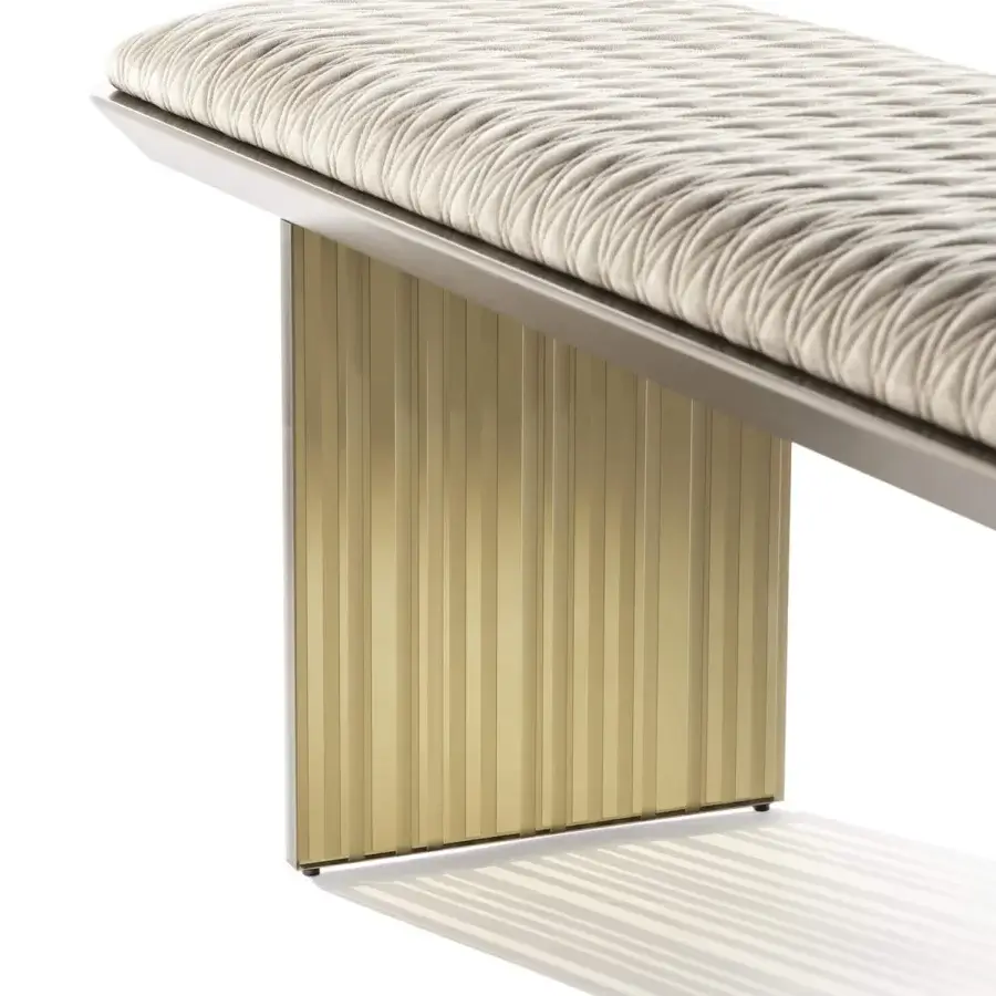 Elegant Reflex Monolite bench with beveled bronze lacquered wood and light beige ridged textile cushion grounded by a light gold matte metal base