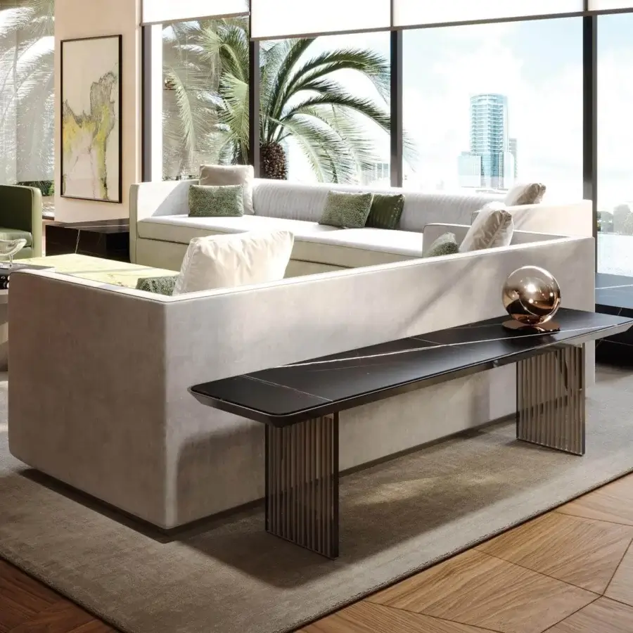 Elegant Reflex Monolite sofa back console with bronze lacquered wood and dark stone-like glass legs