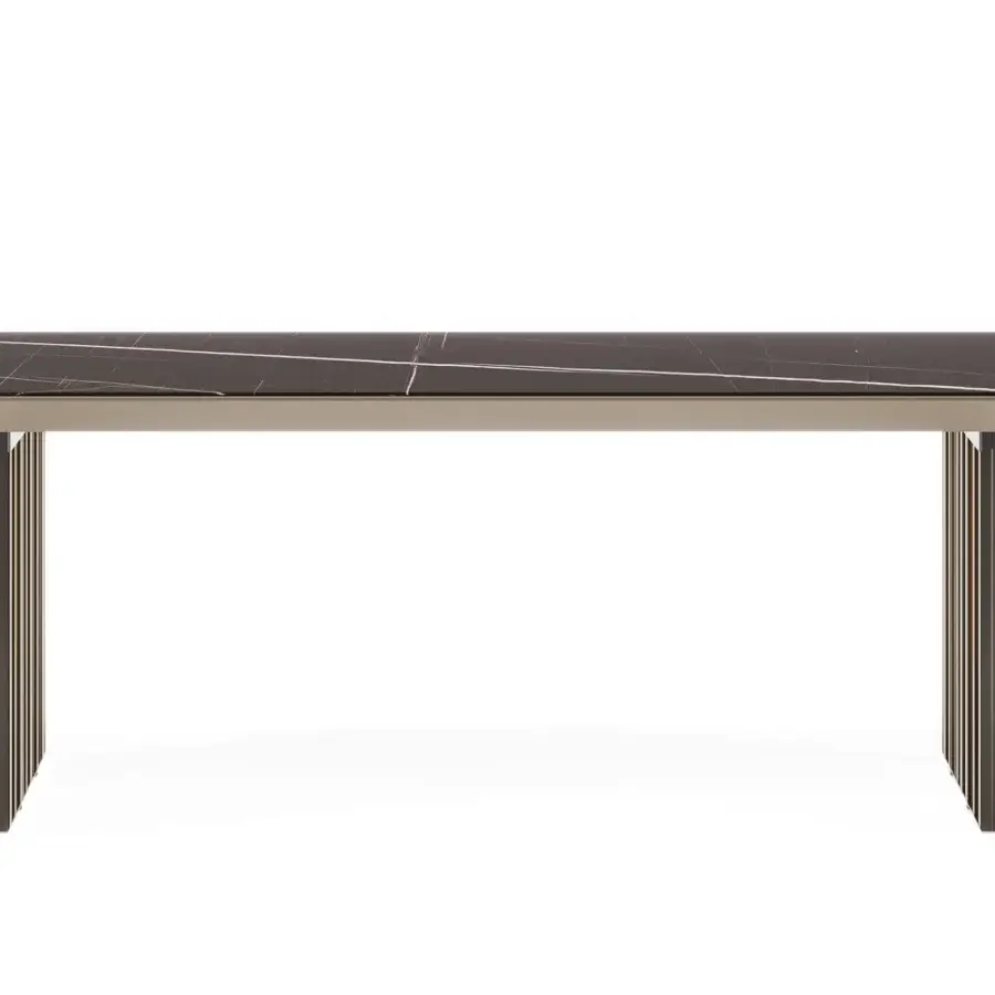 Refined Reflex Monolite sofa back console with marbled glass top and sleek parallel glass legs crafted in Italy
