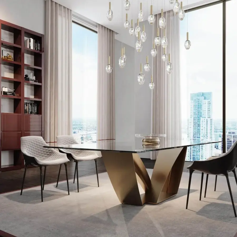 Distinguished Reflex Apeiron table with a rectangular glass top and curved iron base in glossy gold-toned metallic finish