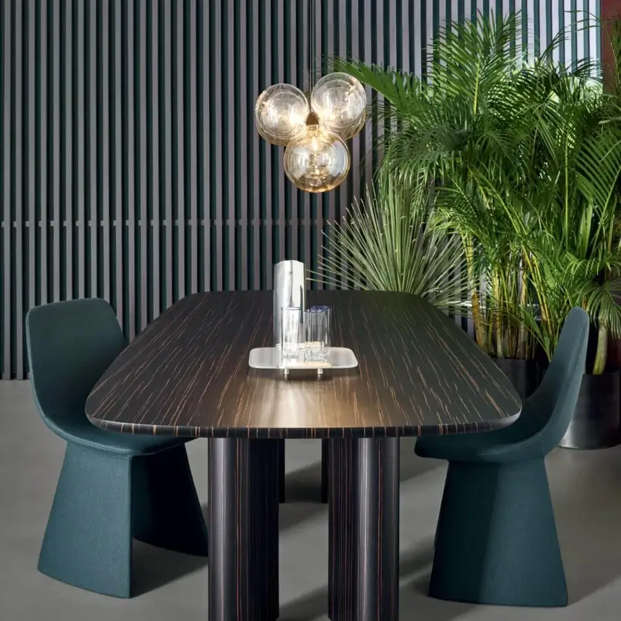 Distinguished Bonaldo Geometric table with ebony veneered wood and glossy finish exhibiting shifting teardrop legs