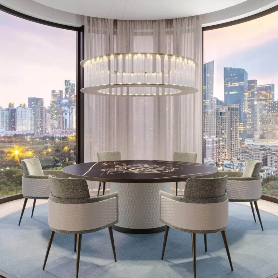 Exclusive Reflex Big Ben table with round wooden top, Marble Glass inserts and quilted leather cylinder base built with visible gold and chrome gears